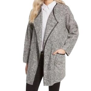 ASTR the Label Black/White/Gray Knit Open Front Sweater Coat with Black Trim L